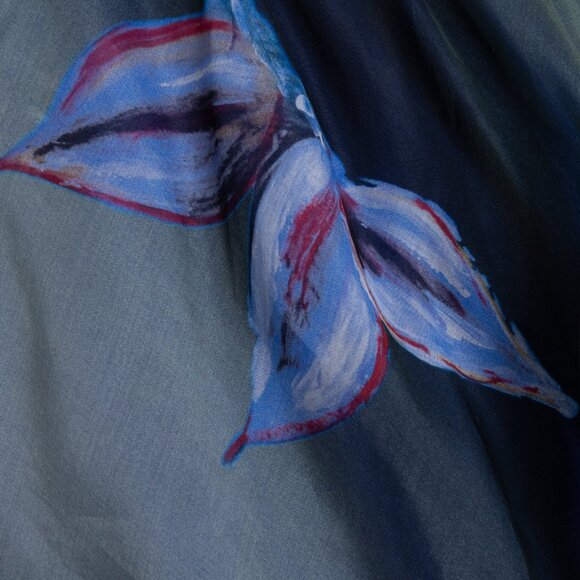 Silk Midi Skirt Floral A-lined Lined Blue Ombre - Picture 6 of 13